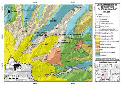 Localización de sitios de muestreo en el mapa geológico del área noreste del Complejo Volcánico Nevado del Ruiz. Mapa tomado y modificado de: Cartografía base Mapa geológico del área Cumanday - SGC (Martínez et al., 2014). Datos de municipios tomados del Instituto Geográfico Agustín Codazzi.