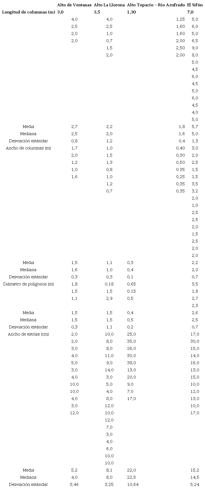 Datos tomados en campo de dimensiones de columnas (longitud, ancho, diámetro) y estrías y medidas de tendencia central y dispersión.