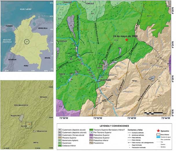 Esquema Geol&oacute;gico de la zona epicentral del terremoto de Quetame del 24 de mayo de 2008 (informaci&oacute;n tect&oacute;nica a partir de Cort&eacute;s y De La Espriella, 1990; Pati&ntilde;o et al., 2011).