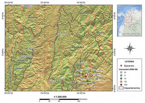 Mapa de intensidades macros&iacute;smicas del terremoto del 24 de mayo de 2008 en cercan&iacute;as del municipio de Quetame, Colombia (adaptada de Sarabia y Cifuentes, 2009).