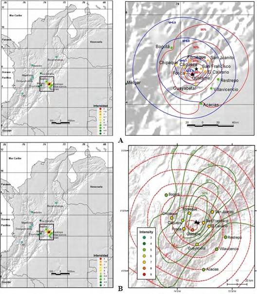 Representaci&oacute;n gr&aacute;fica de los par&aacute;metros macros&iacute;smicos del terremoto del 2008.05.24 en Quetame. Puntos de intensidad macros&iacute;smica tomados de Sarabia y Cifuentes (2009). Intensidad m&aacute;xima en Quetame (I=8EMS98). Epicentro instrumental (estrella, 4,40N y 73,81O). A. Centro de intensidades adoptado como epicentro macros&iacute;smico representado por el tri&aacute;ngulo (4,34N y 73,86O) propuesto en el presente estudio, magnitud instrumental 5,5 mb (Global CMT). Magnitud calculada 5,6 mb. Las isol&iacute;neas de color azul corresponden a los contornos de magnitud macros&iacute;smica, y las de color rojo a los contornos de rms[MI] para los intervalos de confianza. B. Centro de intensidades adoptado como epicentro macros&iacute;smico representado por el tri&aacute;ngulo (4,42N y 73,81O) propuesto en el presente estudio, magnitud instrumental 5,9 Mw (Global CMT). Magnitud calculada 5,8&plusmn;0,17 Mw.