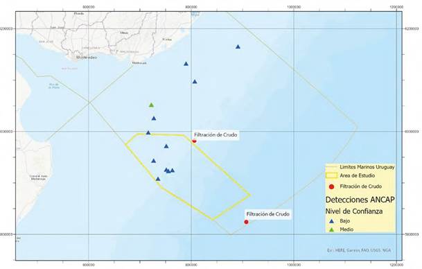 Comparaci&oacute;n de las detecciones obtenidas en este trabajo (puntos rojos) con las de ANCAP (2011).