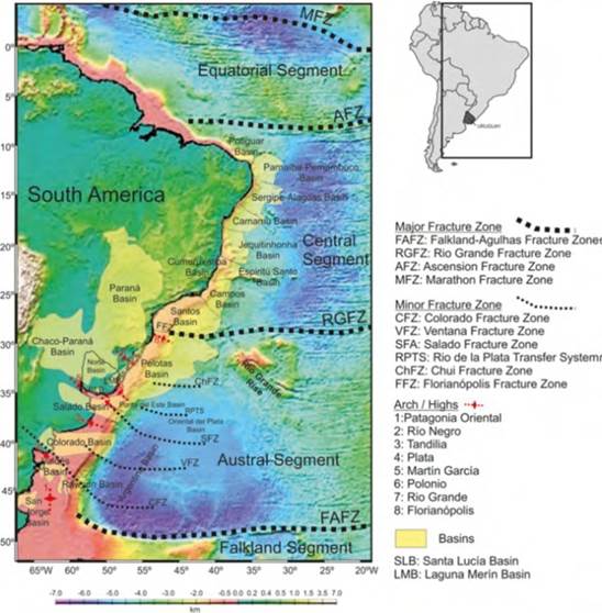 Mapa Topogr&aacute;fico-Batim&eacute;trico con la superposici&oacute;n de cuencas onshore y offshore y elementos estructurales. Uruguay est&aacute; resaltado con bordes negro. Tomado de Morales et al. (2017).