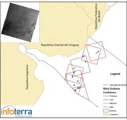 Identificaci&oacute;n de oil seeps en im&aacute;genes de radar SAR en el offshore de Uruguay (ANCAP, 2011).