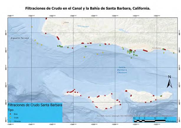 Mapa de localizaci&oacute;n de filtraciones de hidrocarburos y manchas de brea (puntos rojos, verdes y amarillos) en el Canal y la Bah&iacute;a de Santa B&aacute;rbara en California. Modificado de Lorenson et al. (2009).