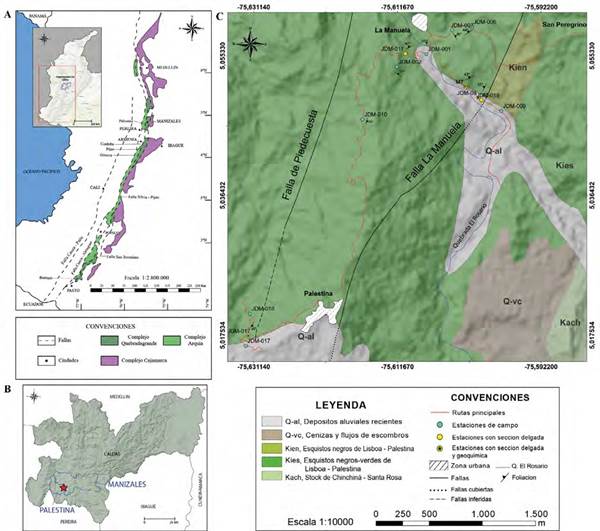 A. Mapa geológico de Colombia con la ubicación de las rocas del Complejo Arquía. B. Departamento de Caldas donde se señala con una estrella de color rojo la ubicación del sector de estudio. C. Mapa geológico del área de estudio entre la vereda La Manuela y el municipio de Palestina (modificado de Estrada y Viana, 1998 y Gómez et al., 2015).