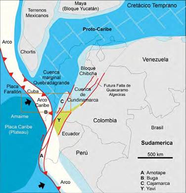 Reconstrucción paleogeográfica generalizada para el Cretácico Temprano del norte de Sudamérica y el Caribe. El recuadro de color naranja señala las áreas implicadas en las secciones de la Figura 15 (modificado de Kennan y Pindell, 2009; Moreno-Sánchez y Pardo-Trujillo, 2003; Pindell y Kennan, 2001; Rojas-Agramonte et al., 2016).