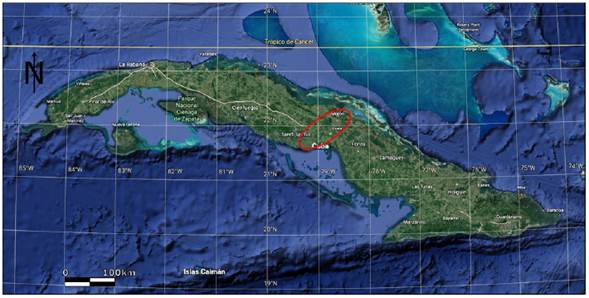 Ubicación de la Cuenca Central de Cuba en las provincias de Ciego de Ávila y Sancti Spiritus (NASA/GSFC, 2020).