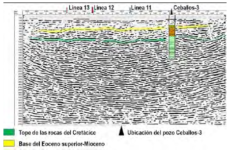 Ubicación del tope de las rocas del Cretácico y de la base del Eoceno superior-Mioceno sobre la línea sísmica 5 PSTM ya tratada (Martínez-Rojas y Morales-González, 2020).