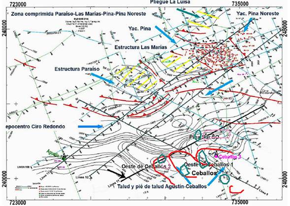 Complejo anómalo de las zonas perspectivas Oestes de Ceballos 1, 2 y Pina sur SO sobre el mapa estructural, por la base del paquete de reflectores sísmicos de edad K2 cp-m, asociado a las rocas productoras en el área Pina y a las manifestaciones de hidrocarburos en los pozos Paraíso, Agustín y Ceballos. Escala 1:25000, modificado de Martínez-Rojas et al. (2006).