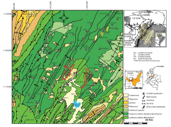 Mapa geológico de la zona de estudio (modificado de Ulloa y Rodríguez, 1978).
