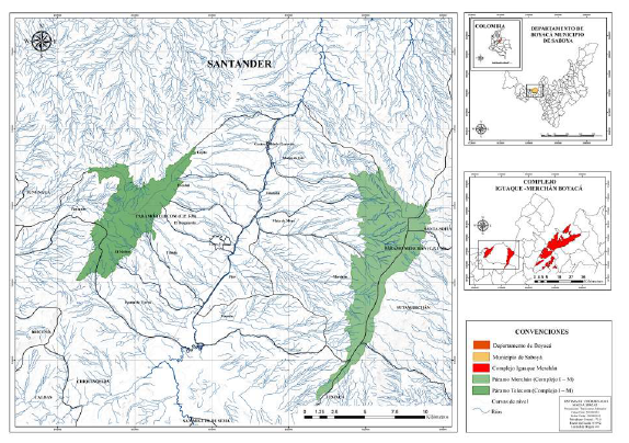Ubicación geográfica de la zona de estudio y principales sistemas de drenajes, ambos páramos poseen tributarios del río Suárez.