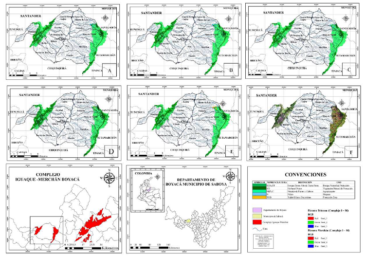 Clasificación supervisada basada en métodos de Machine Learning.A. Clasificación bajo el método Máquinas de Soporte Vectorial (SVM). B. Clasificación bajo el método Bosques Aleatorios (RF). C. Clasificación bajo el método Árboles de Decisión (DT). D. Clasificación bajo el método de Bayes (BC). E. Clasificación bajo el método Redes Neuronales Artificiales (ANN). F. Mejoramiento bajo SCP.