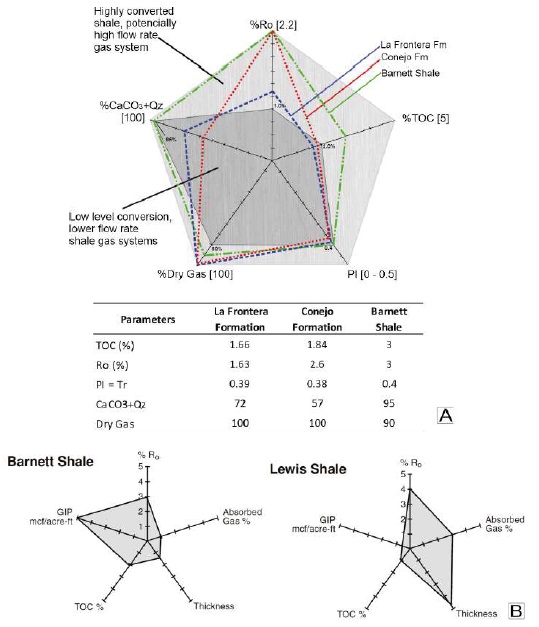 A. Graph comparing the parameters for the shale gas 1 system (modified from Jarvie, 1991). B. Parameter comparison for shale gas systems for two successful unconventional reservoirs in the United States, Barnett Shale at left and Lewis Shale at right (Curtis, 2002).