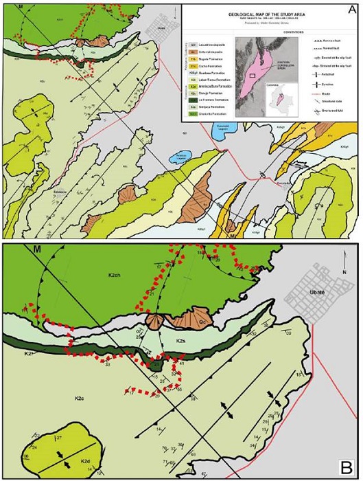 Geological map of study area. A. This geologic map is the result of a field work in cooperation with undergraduate geology students registered in the Field I work course of 2018 at the School of Geology at the Universidad Industrial de Santander, Colombia. B. Zoom of the interest area.