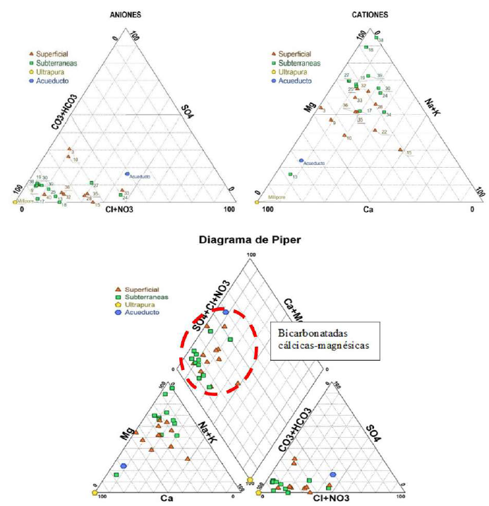Representación en el diagrama de Piper de los muestreos en temporada de agosto que cumplen las condiciones del balance iónico y que corresponden a aguas bicarbonatadas cálcicas-magnésicas.