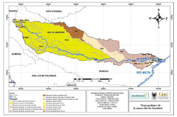 Mapa geológico de la cuenca del Río Guachiría. Modificado de PBOT (2011).