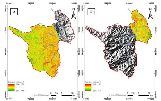 A. Mapa de susceptibilidad por el método WoE, zona oeste de Andes. B. Mapa de susceptibilidad por el método WoE, zona este de Andes. Tomada de UNAL (2018).