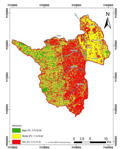 Mapa de amenaza por movimientos en masa para suelo rural del municipio de Andes, bajo factor detonante lluvia, para una lluvia acumulada de tres días de 100 mm y una lluvia antecedente acumulada de 15 días de 200 mm. Tomada de UNAL (2018).