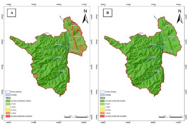A. Mapa de amenaza por movimientos en masa para suelo rural del municipio de Andes, bajo factor detonante sismo (Murindó), en condiciones saturadas. B. Mapa de amenaza por movimientos en masa para suelo rural del municipio de Andes, bajo factor detonante sismo (Eje Cafetero), en condiciones secas. Tomada de UNAL (2018).
