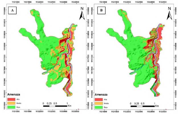 A. Mapa de amenaza por deslizamientos profundos en estado seco detonados por lluvia. B. Mapa de amenaza i condiciones saturadas para el sismo del Eje Cafetero en el municipio de Andes. Tomada de UNAL (2018).