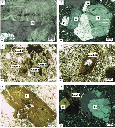 Photomicrographs from Tapias dome (sample IIES-V-015). A. Plagioclase (Pl) phenocryst with oscillatory zonation. B. Plagioclase glomerocrysts, with crystal displaying oscillatory and albite-type zonation. C. Glomerocrysts and phenocrysts of amphibole type I (Amph I) crystals. D. Amphibole type II (Amph II) phenocryst, displaying zonation on its rim. E. Biotite phenocryst. F. Phenocryst of quartz, amphibole type I and biotite.