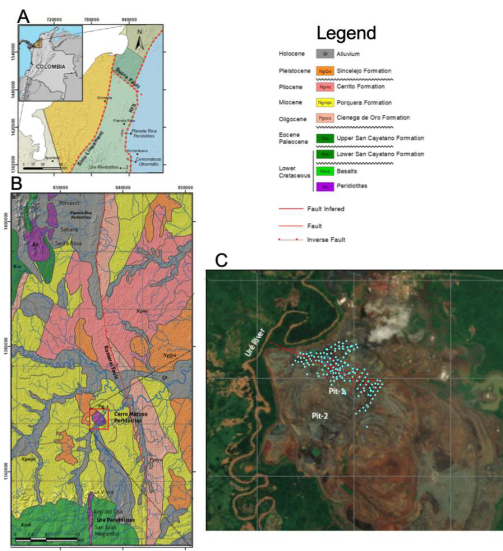 A. Cerro Matoso regional location. B. Cerro Matoso peridotites are unconformably covered by the latest Oligocene to Pleistocene strata, including the Ci&eacute;naga de Oro (Pgoco), Porquera (Ngmpc), Cerrito (Ngmc), and Sincelejo (NgQsi) Formations. Modified from the SGC Geological maps 72 and 82 (Pueblo Nuevo and Montelibano) and from Tob&oacute;n et al. (2020) . C. Cian dots show the sedimentary distribution of the black mudstone succession at Pit-1 with a thickness varying between 10 to 20 m.