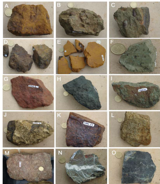 Hand samples collected from the Cerro Matoso deposit at Pit-1. A. Brown oxidized claystone. B-C. Green fossiliferous claystone. D. Fissured brecciated mudstone. E. Fossiliferous red claystone. F. Intraclast of serpentinite. G. Intraclast of red claystone. H. Black mudstone facies II. I. Black mudstone facies I. J. Listvenite variety A is characterized by brecciated textures with high silica/siderite vein content. K. Listvenite variety B is characterized by a purple color. L. Low-Mg green saprolite. M. Saprolitized peridotite. N. Magnesite and silica veins in peridotite. O. Fresh peridotite.