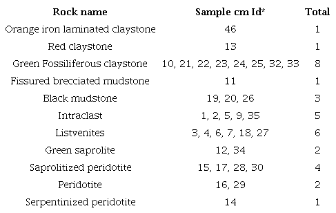 Summary of samples collected at Cerro Matoso Bench 49, Pit-1.