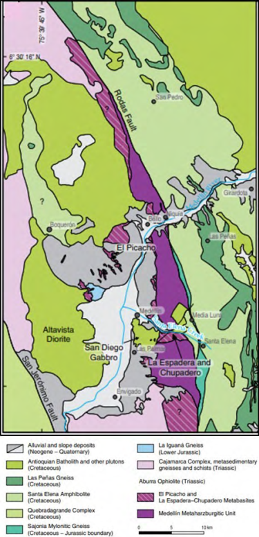 Simplified geological map of the Medell&iacute;n region, showing the &ldquo;Medell&iacute;n Dunite&rdquo; or &ldquo;Medell&iacute;n Metaharzburgitic Unit&rdquo;. Adapted from Garc&iacute;a-Casco et al. (2020).