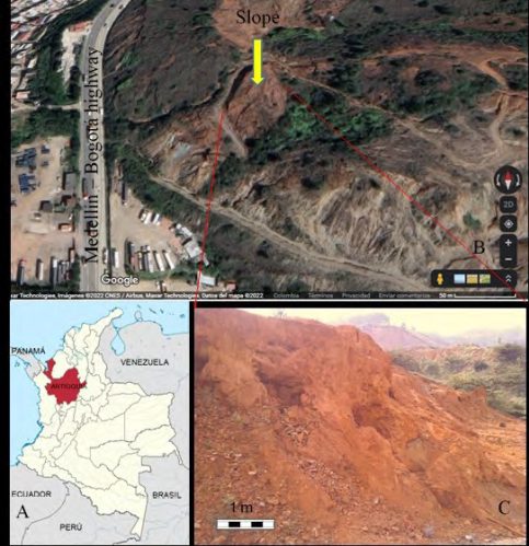 Study area. A. Map of Colombia (Geoportal IGAC). B. Slope location (Google map&copy; image 2022). C. Slope cut photography.