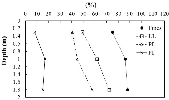 Soil profile, Atterberg&rsquo;s limits, and fines fraction of Medell&iacute;n Dunite residual soils.