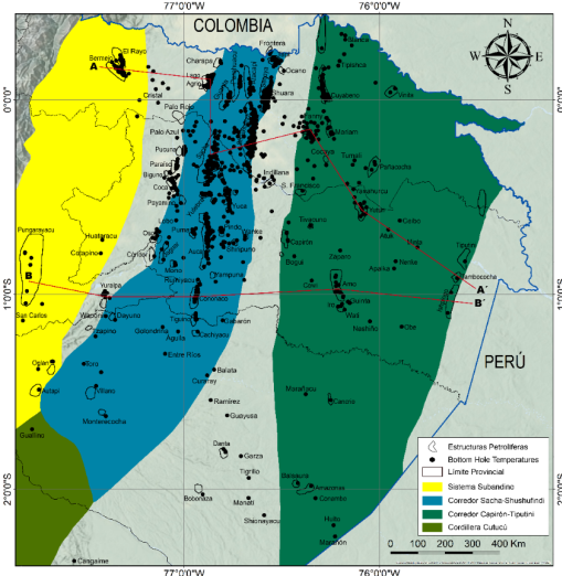 Ubicaci&oacute;n del &aacute;rea de estudio: se incluyen los datos de temperaturas de fondo de pozos disponibles, as&iacute; como los principales campos petrol&iacute;feros y los dominios tect&oacute;nicos, modificado de Baby et al. (2013) .