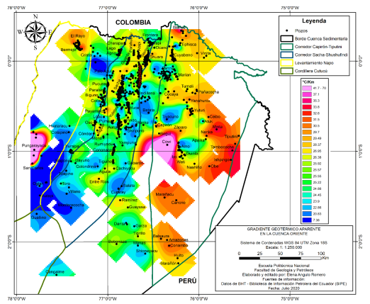 Mapa de gradientes geot&eacute;rmicos de la cuenca Oriente. Se observa que las zonas an&oacute;malas con gradientes superiores a los 40&deg;C/km se encuentran en el Levantamiento Napo y el Corredor Capir&oacute;n-Tiputini. Los colores c&aacute;lidos indican anomal&iacute;a positiva, y los colores fr&iacute;os, anomal&iacute;as negativas, con un rango de variaci&oacute;n desde 7,38&deg;C/km a 69,01&deg;C/km.
