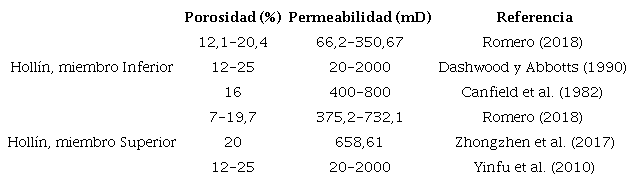 Rango de porosidad y permeabilidad en la Formaci&oacute;n Holl&iacute;n.