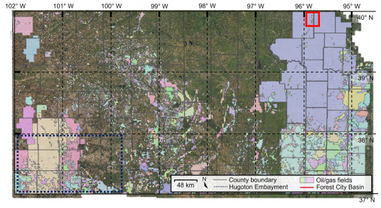 Sampled wells localization, distribution of the sampled formations delimited by a dotted line for the Morrow formation within the Hugoton Embayment and continuous line for the Viola formation within the Forest City Basin.