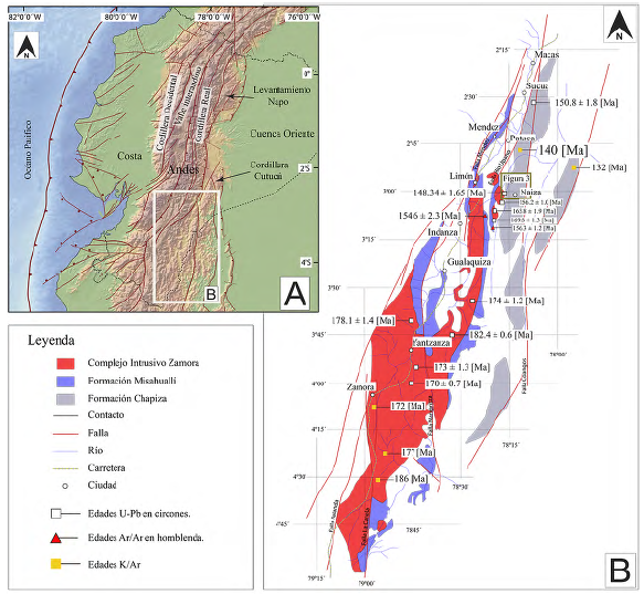 Mapa de ubicación. A. Ubicación del Ecuador en el esquema tectónico de la margen noroccidental sudamericana, modificado de Gramal-Aguilar et al. (2021). B. Ubicación del área de estudio en el esquema morfotectónico del Ecuador, modificado de Romero et al. (2021). C. Esquema geológico regional del área de estudio, en el cual se muestra la localización geográfica del intrusivo de Naiza respecto al batolito de Zamora, formaciones Misahuallí y Chapiza. Además, se presenta la ubicación de edades radiométricas reportadas por anteriores autores (Chiaradia et al, 2009; Drobe et al, 2013; Cochrane et al, 2014; Spikings et al, 2015; Vallejo et al, 2021).