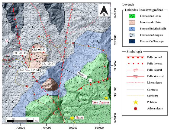 Mapa geológico de la zona de estudio que muestra la ubicación del intrusivo de Naiza. Escala 1:25.000. Modificado de BGS-CODIGEM (1994) e IIGE (2019).