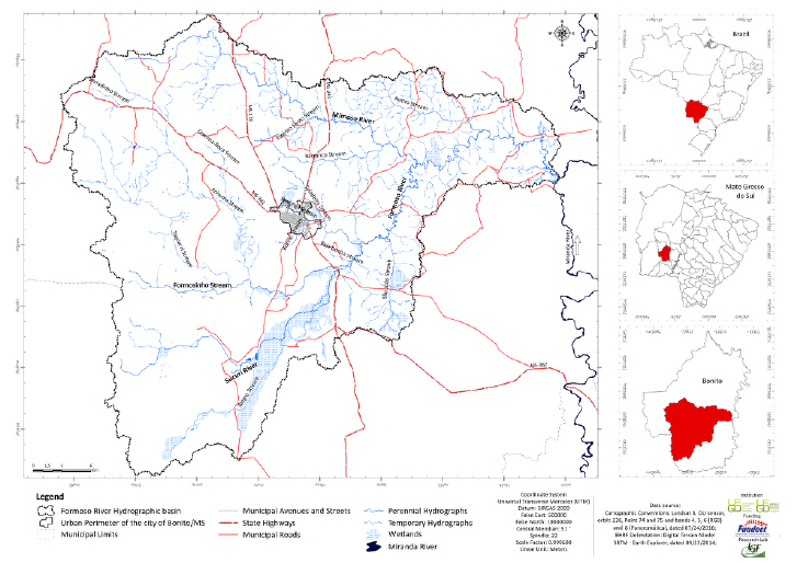 Location map of the Formoso River Hydrographic basin, Bonito City - Mato Grosso do Sul State - Brazil.