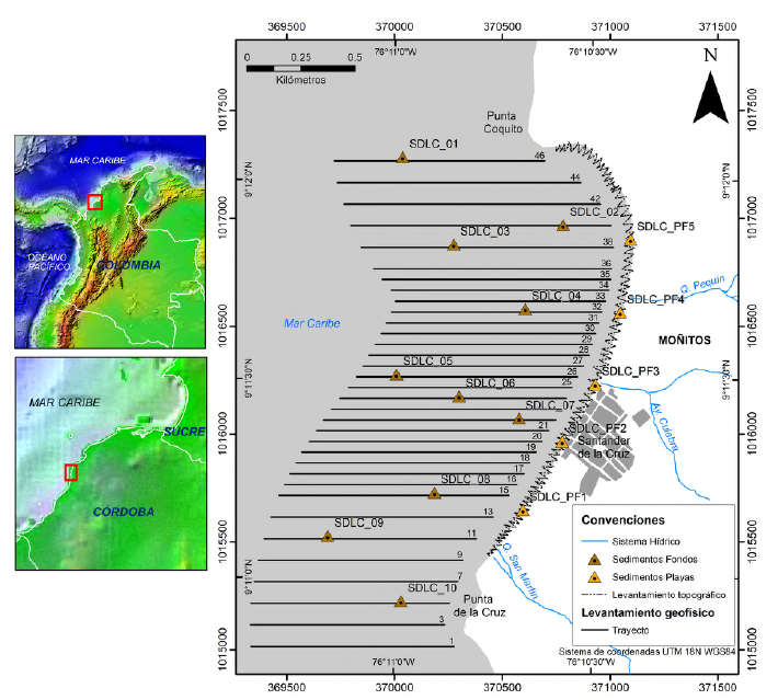 Localización del área de estudio con mapa de estaciones sedimentológicas y el plan de levantamiento topográfico y batimétrico llevado a cabo.