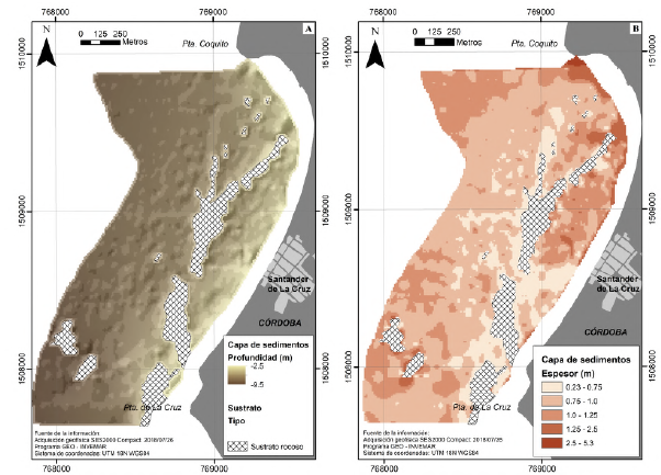 A. Profundidad a la base del depósito sedimentario o superficie del basamento. B. Espesor de la capa de sedimentos superficiales en el área de estudio.
