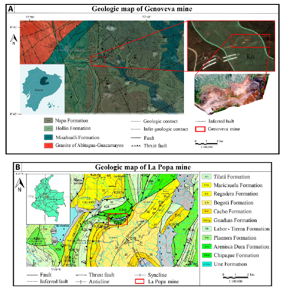 Geologic maps of the study zones. A. Genoveva mine in Ecuador. Map after Eguez et al. (2017). B. La Popa mine in Colombia. Map after Buitrago et al. (2008) and Alcárcel and Gómez (2019).