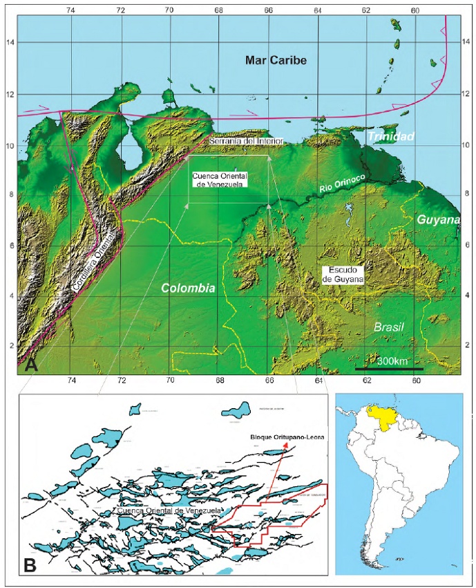 A. Mapa de localización del Campo Oritupano-Leona dentro de la Subcuenca de Maturín. Cuenca Oriental de Venezuela (COV). B. Distribución de los principales campos con reservorios de la Formación Oficina con indicación del área correspondiente al Bloque Oritupano-Leona (BOL).