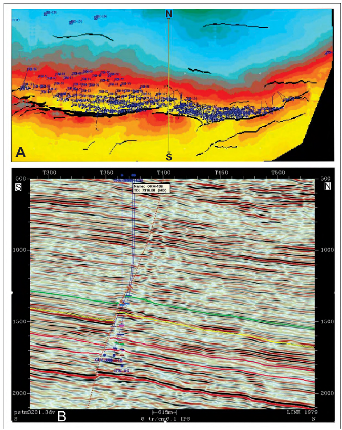 Ejemplos de trampas productivas localizadas en el compartimiento bajo del fallamiento normal con vergencia al N con desplazamiento invertido por transpresión dextral (tomados de Salazar et al., 2005). A. Mapa estructural cercano al tope Formación Merecure (marcador amarillo). Se aprecia una progresiva disminución del rechazo vertical del fallamiento. B. Línea sísmica submeridianal. Marcador rojo: tope basamento; Marcador amarillo: Ser 2; Marcador verde: Merecure 2.