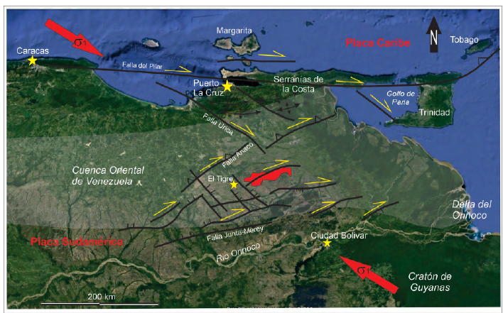 Esquema tectónico regional relacionado con los campos de esfuerzos generados por la traslación hacia el oriente de la placa Caribe con respecto a la Sudamérica. Los elementos estructurales están basados en Porras et al. (2003). Campos del BOL en rojo.