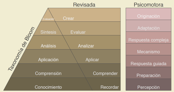 Taxonom&iacute;as de Bloom cl&aacute;sica y revisada, y taxonom&iacute;a psicomotora
								de Simpson. Se observan los niveles y correspondencias de las
								taxonom&iacute;as de Bloom cl&aacute;sica y revisada. Puede verse una
								jerarquizaci&oacute;n de las actividades psicomotoras (adaptada de Adams,
									referencia 53; Raman,
									referencia 55 y Sawyer et
								al., referencia 56)