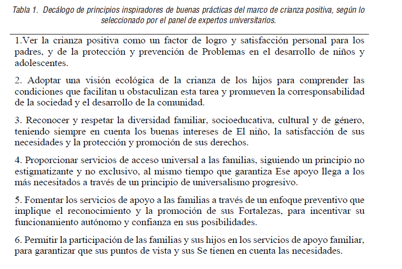 Dec&aacute;logo de principios inspiradores de buenas pr&aacute;cticas del marco de crianza positiva, seg&uacute;n lo seleccionado por el panel de expertos universitarios.