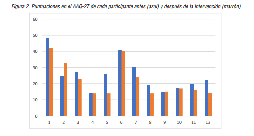 Puntuaciones en el AAQ-27 de cada participante antes (azul) y despu&eacute;s de la intervenci&oacute;n (marr&oacute;n)