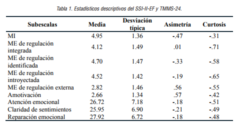 Estad&iacute;sticos descriptivos del SSI-II-EF y TMMS-24.