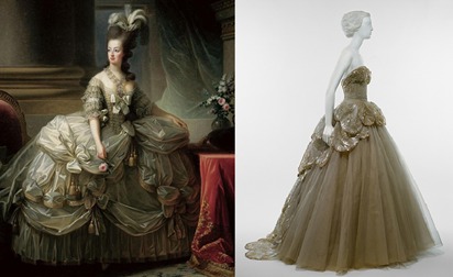 Imagem com fins comparativos montada com a pintura de Maria Antonieta, feita
por Vigée-Lebrun em 1779, e um vestido de alta-costura da Dior criado em 1949